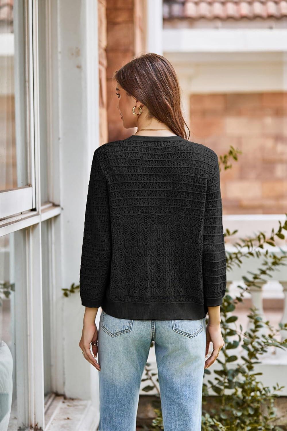 imageGRACE KARIN Women Lightweigt Crochet Knit Cardigan 34 Sleeve Cropped Shrugs Spring Button Down Sweaters TopsBlack