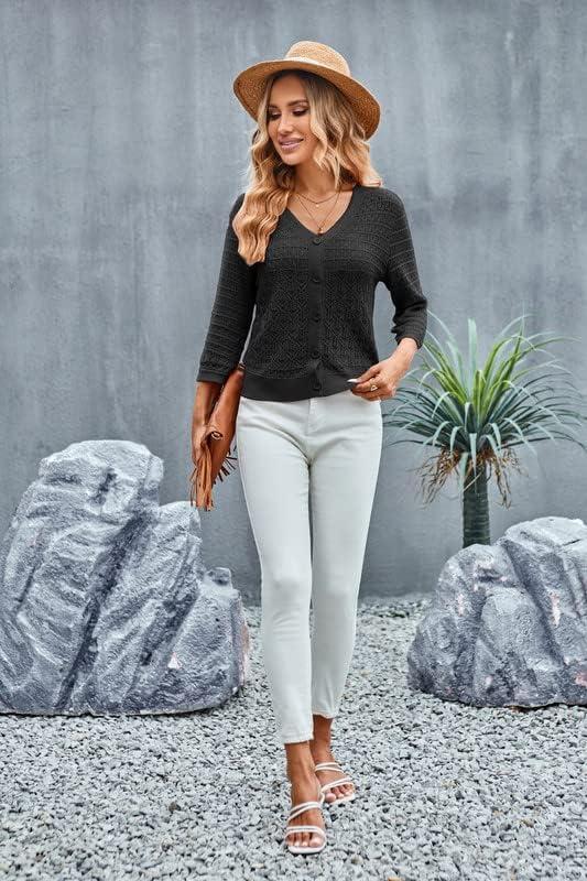 imageGRACE KARIN Women Lightweigt Crochet Knit Cardigan 34 Sleeve Cropped Shrugs Spring Button Down Sweaters TopsBlack