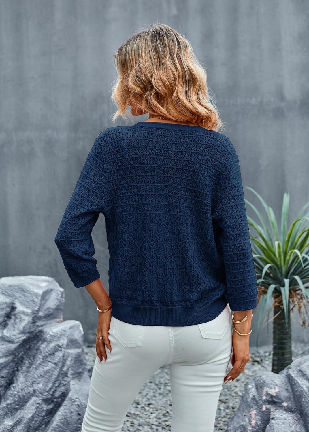 imageGRACE KARIN Women Lightweigt Crochet Knit Cardigan 34 Sleeve Cropped Shrugs Spring Button Down Sweaters TopsDark Blue