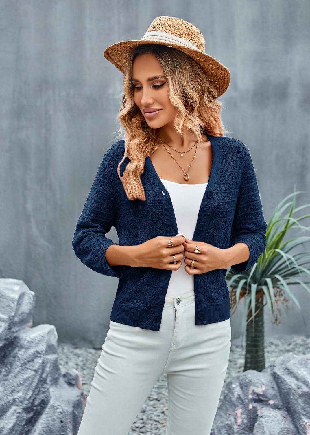 imageGRACE KARIN Women Lightweigt Crochet Knit Cardigan 34 Sleeve Cropped Shrugs Spring Button Down Sweaters TopsDark Blue