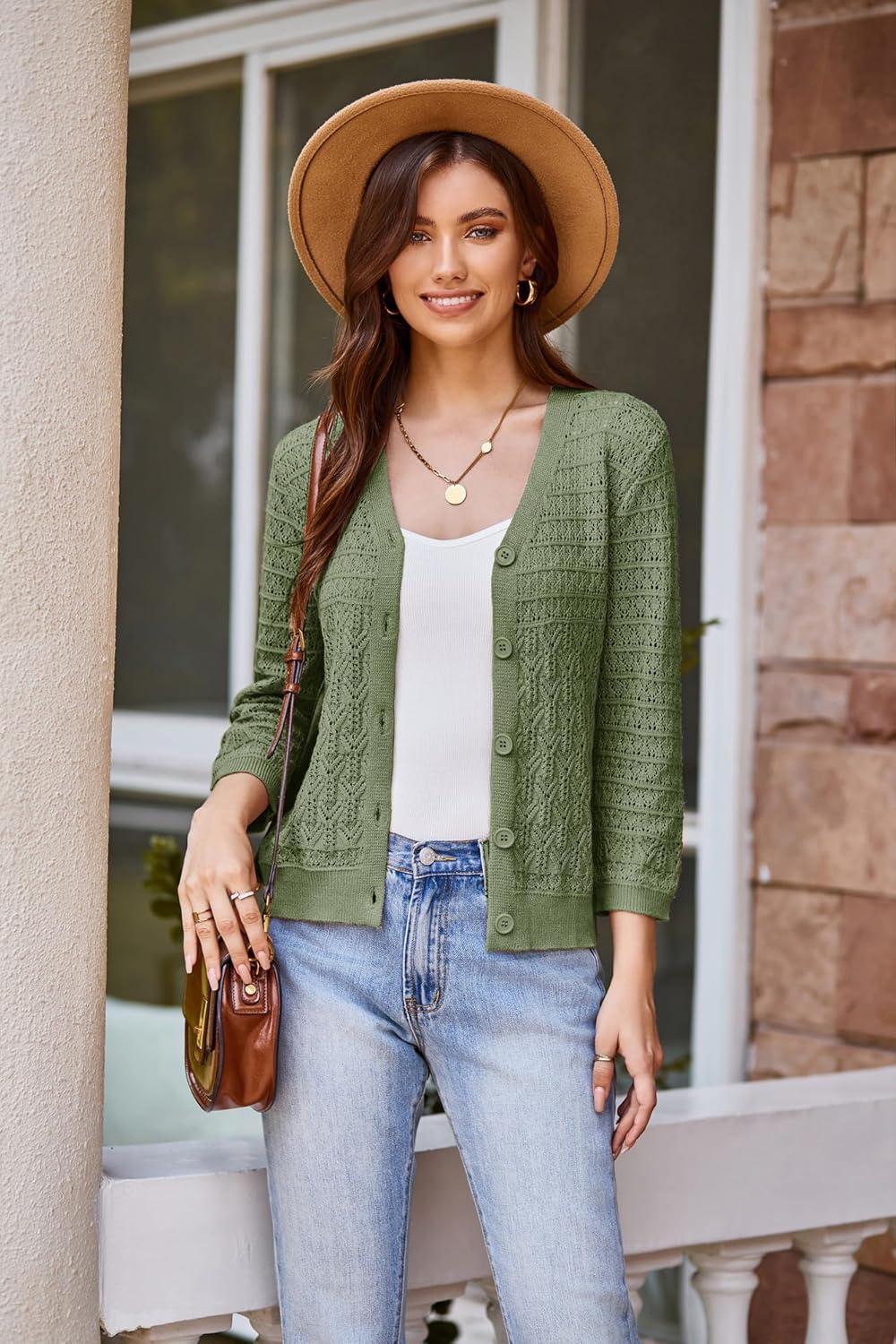 imageGRACE KARIN Women Lightweigt Crochet Knit Cardigan 34 Sleeve Cropped Shrugs Spring Button Down Sweaters TopsGreen