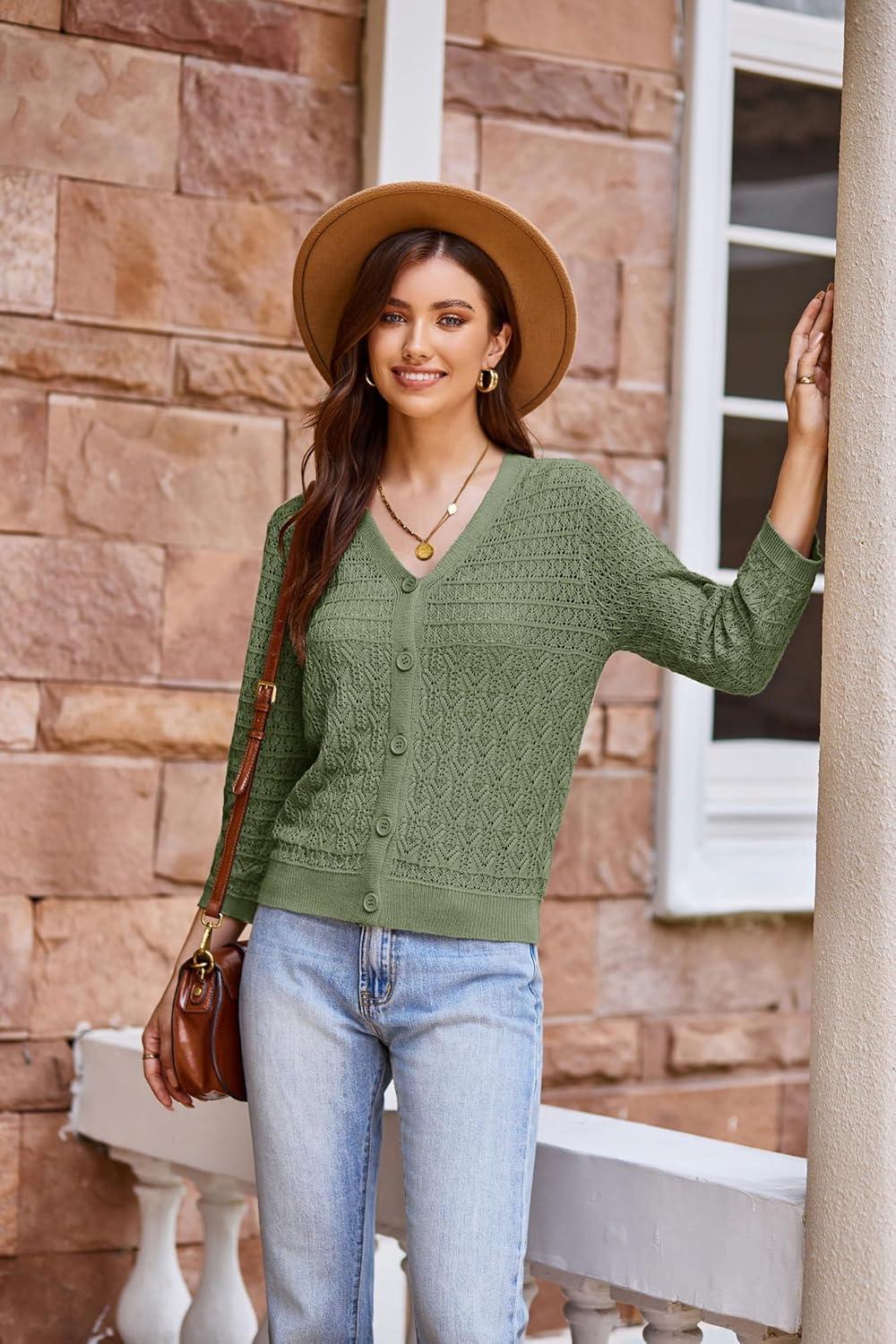 imageGRACE KARIN Women Lightweigt Crochet Knit Cardigan 34 Sleeve Cropped Shrugs Spring Button Down Sweaters TopsGreen