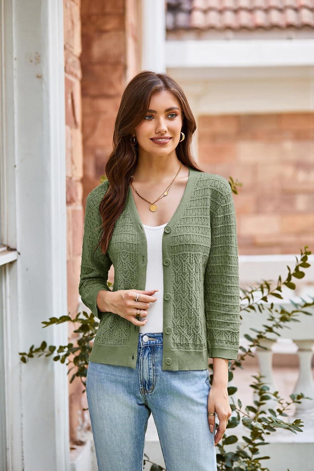imageGRACE KARIN Women Lightweigt Crochet Knit Cardigan 34 Sleeve Cropped Shrugs Spring Button Down Sweaters TopsGreen