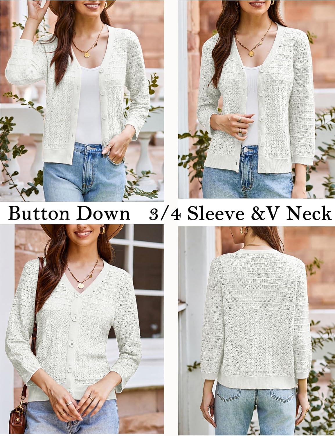 imageGRACE KARIN Women Lightweigt Crochet Knit Cardigan 34 Sleeve Cropped Shrugs Spring Button Down Sweaters TopsIvory White