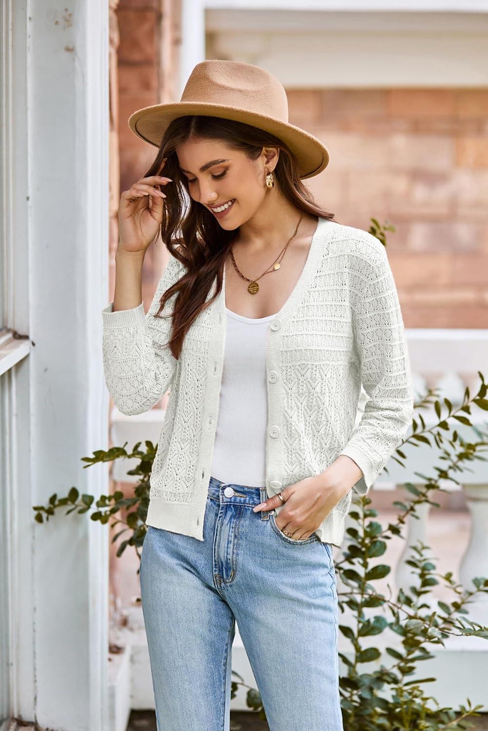 imageGRACE KARIN Women Lightweigt Crochet Knit Cardigan 34 Sleeve Cropped Shrugs Spring Button Down Sweaters TopsIvory White