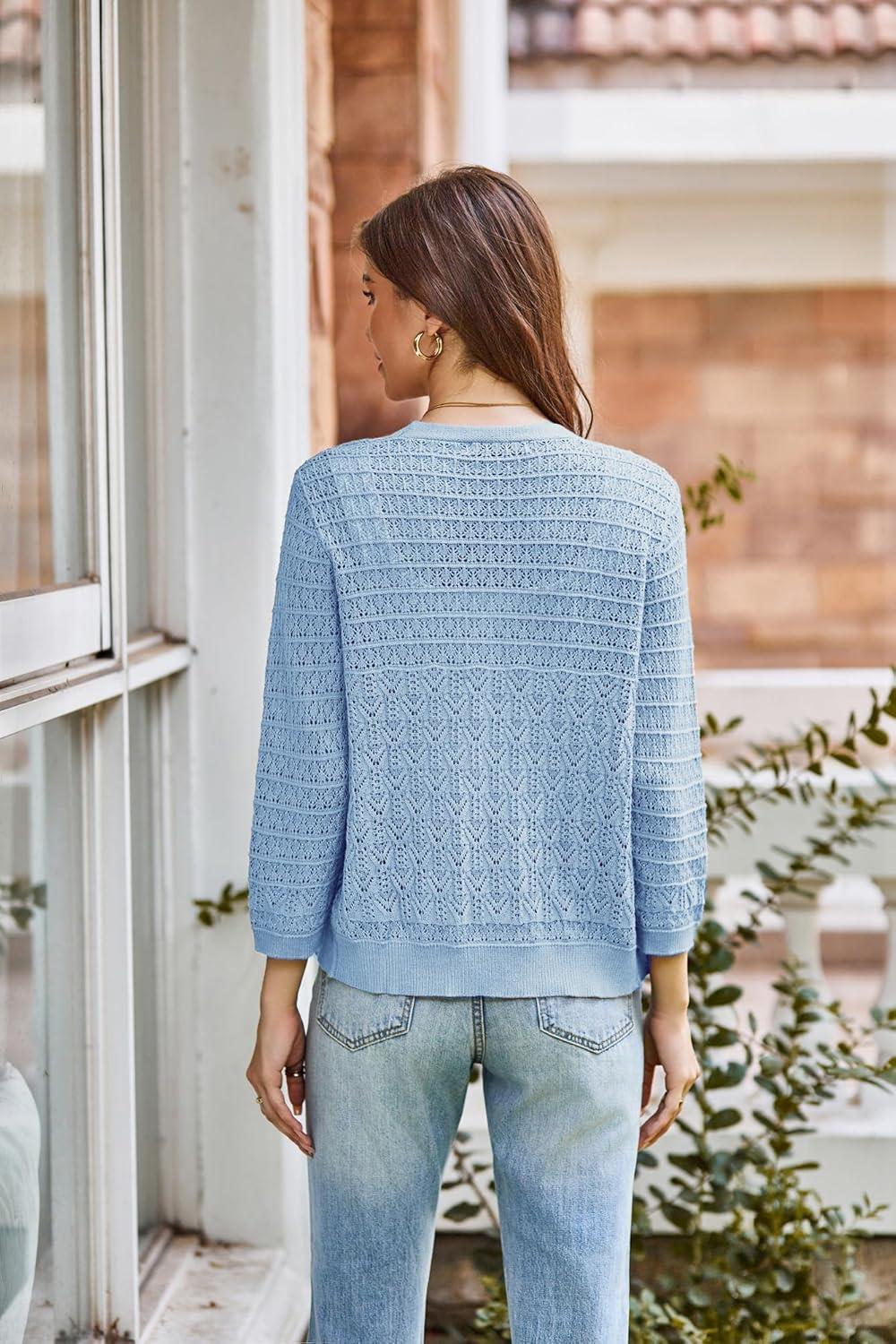 imageGRACE KARIN Women Lightweigt Crochet Knit Cardigan 34 Sleeve Cropped Shrugs Spring Button Down Sweaters TopsLight Blue