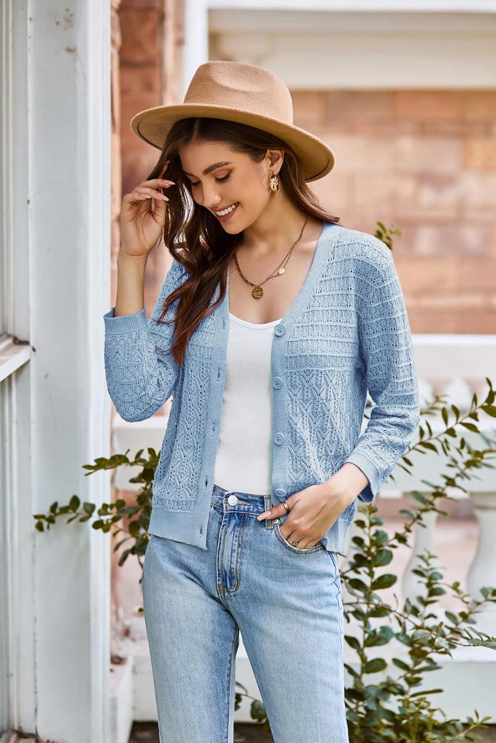 imageGRACE KARIN Women Lightweigt Crochet Knit Cardigan 34 Sleeve Cropped Shrugs Spring Button Down Sweaters TopsLight Blue
