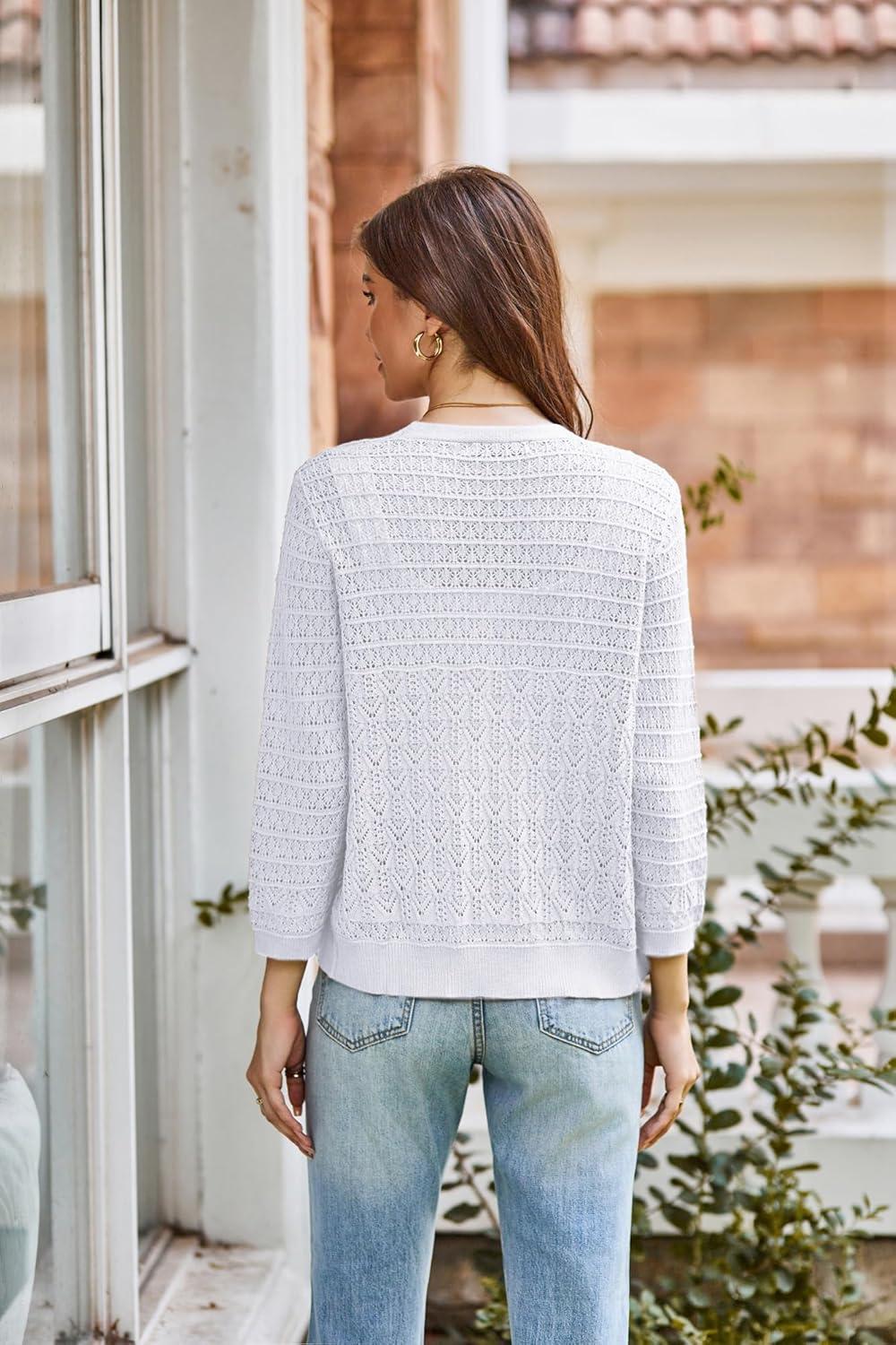 imageGRACE KARIN Women Lightweigt Crochet Knit Cardigan 34 Sleeve Cropped Shrugs Spring Button Down Sweaters TopsWhite
