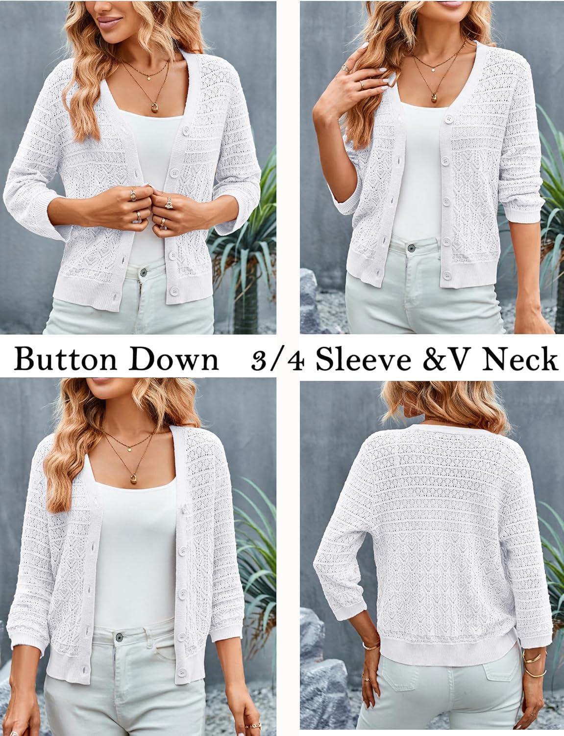imageGRACE KARIN Women Lightweigt Crochet Knit Cardigan 34 Sleeve Cropped Shrugs Spring Button Down Sweaters TopsWhite