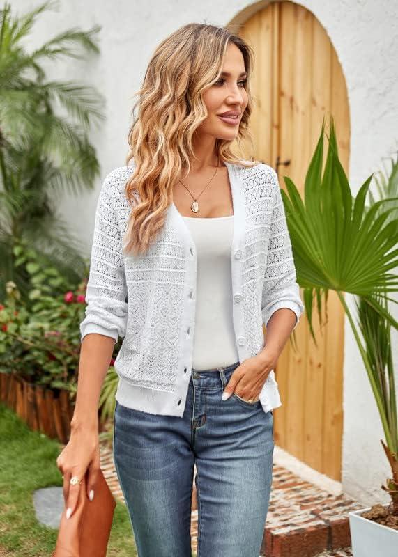 imageGRACE KARIN Women Lightweigt Crochet Knit Cardigan 34 Sleeve Cropped Shrugs Spring Button Down Sweaters TopsWhite
