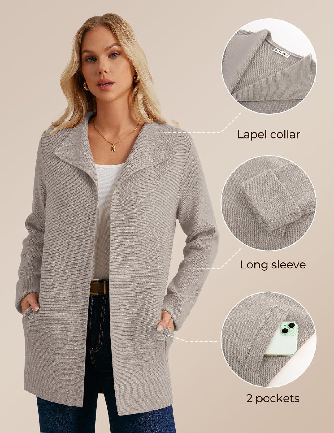 imageGRACE KARIN Women Long Cardigan Sweaters Fall Chunky Sweater Jacket Ribbed Knit Lapel Coatigan with PocketsBeige