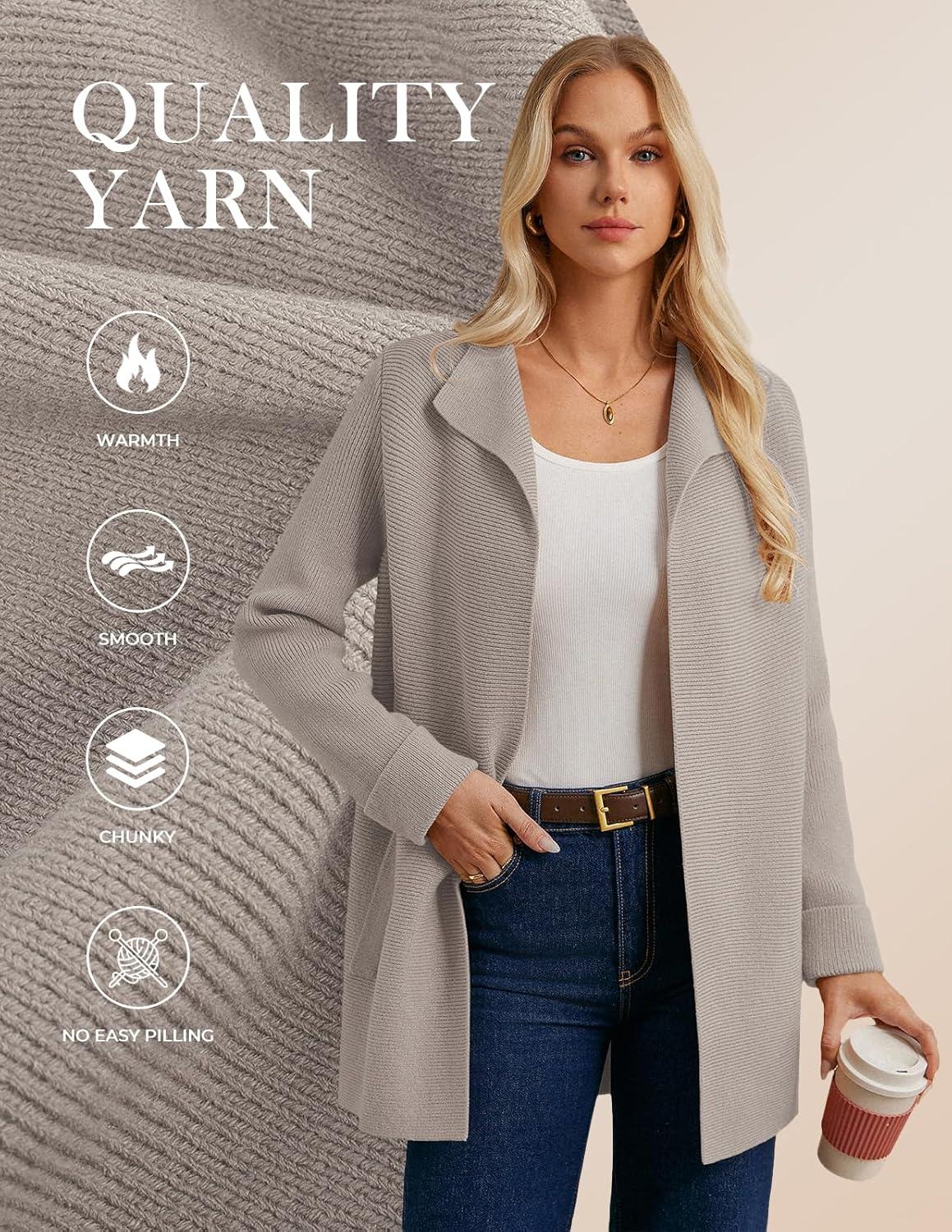 imageGRACE KARIN Women Long Cardigan Sweaters Fall Chunky Sweater Jacket Ribbed Knit Lapel Coatigan with PocketsBeige