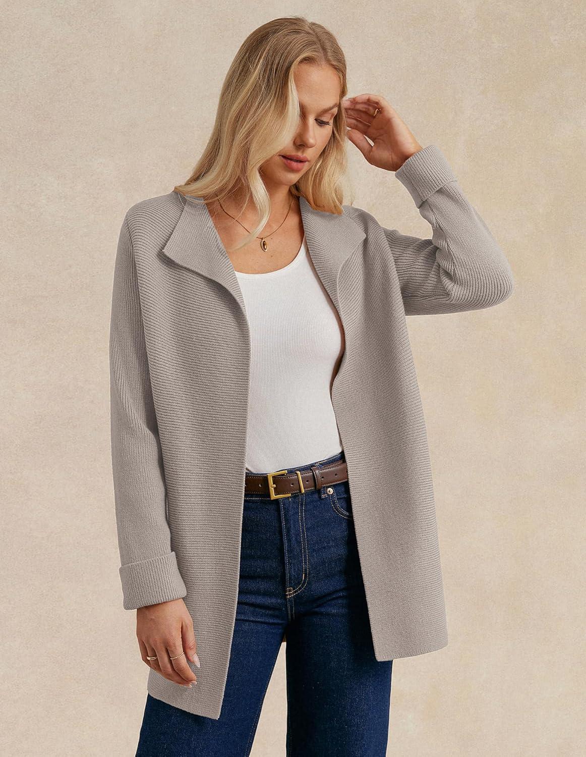 imageGRACE KARIN Women Long Cardigan Sweaters Fall Chunky Sweater Jacket Ribbed Knit Lapel Coatigan with PocketsBeige