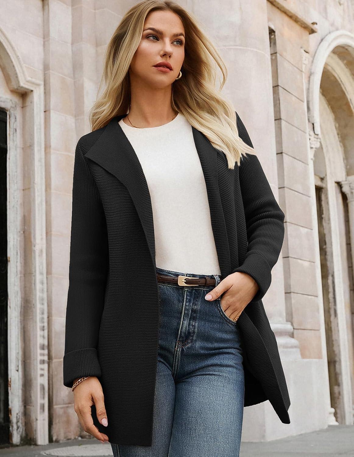 imageGRACE KARIN Women Long Cardigan Sweaters Fall Chunky Sweater Jacket Ribbed Knit Lapel Coatigan with PocketsBlack