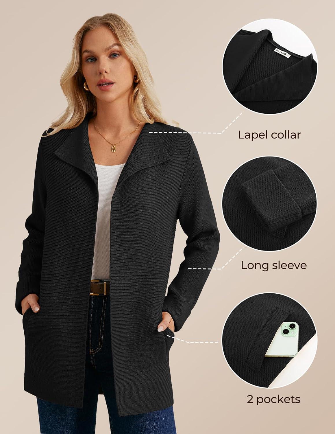 imageGRACE KARIN Women Long Cardigan Sweaters Fall Chunky Sweater Jacket Ribbed Knit Lapel Coatigan with PocketsBlack