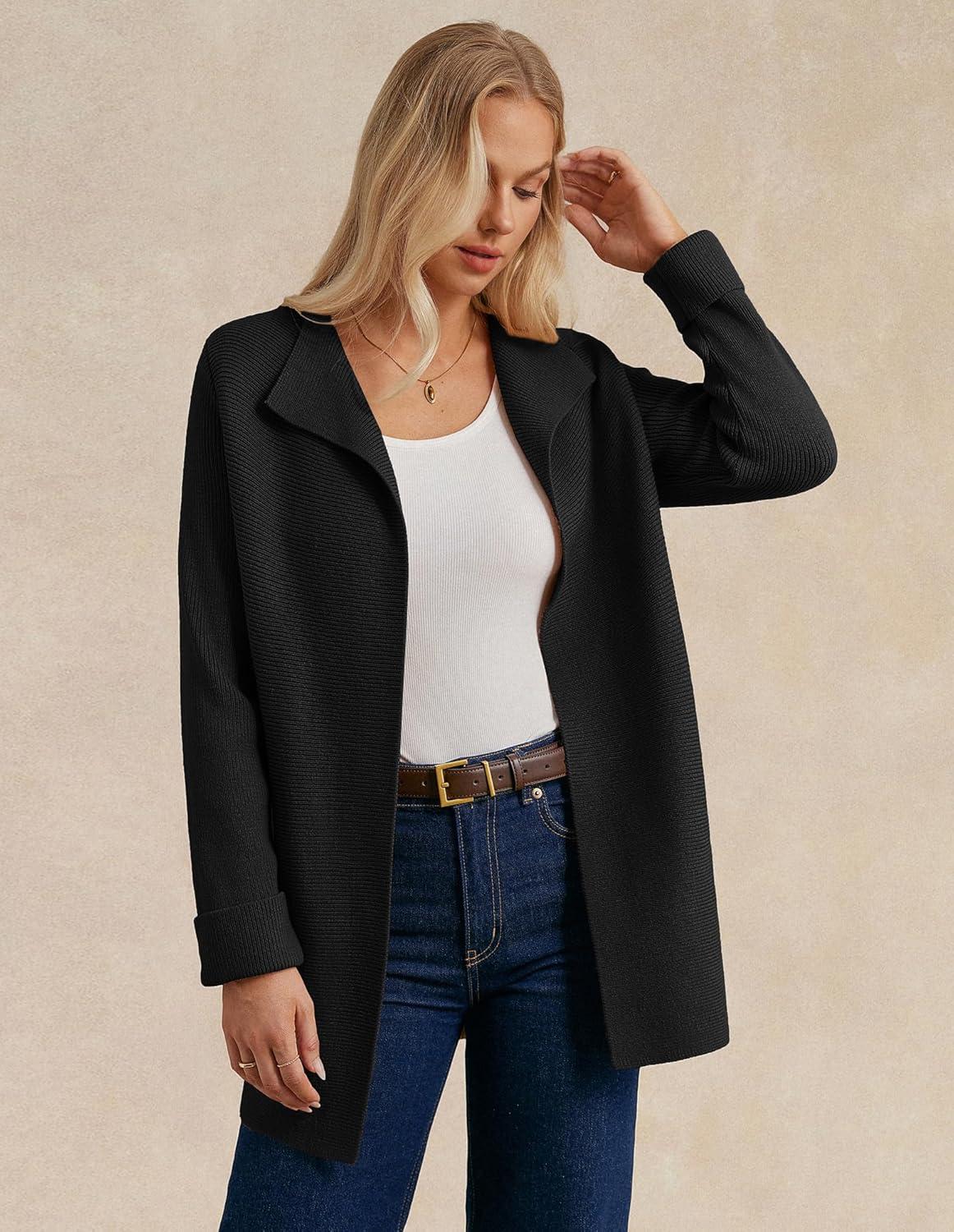 imageGRACE KARIN Women Long Cardigan Sweaters Fall Chunky Sweater Jacket Ribbed Knit Lapel Coatigan with PocketsBlack