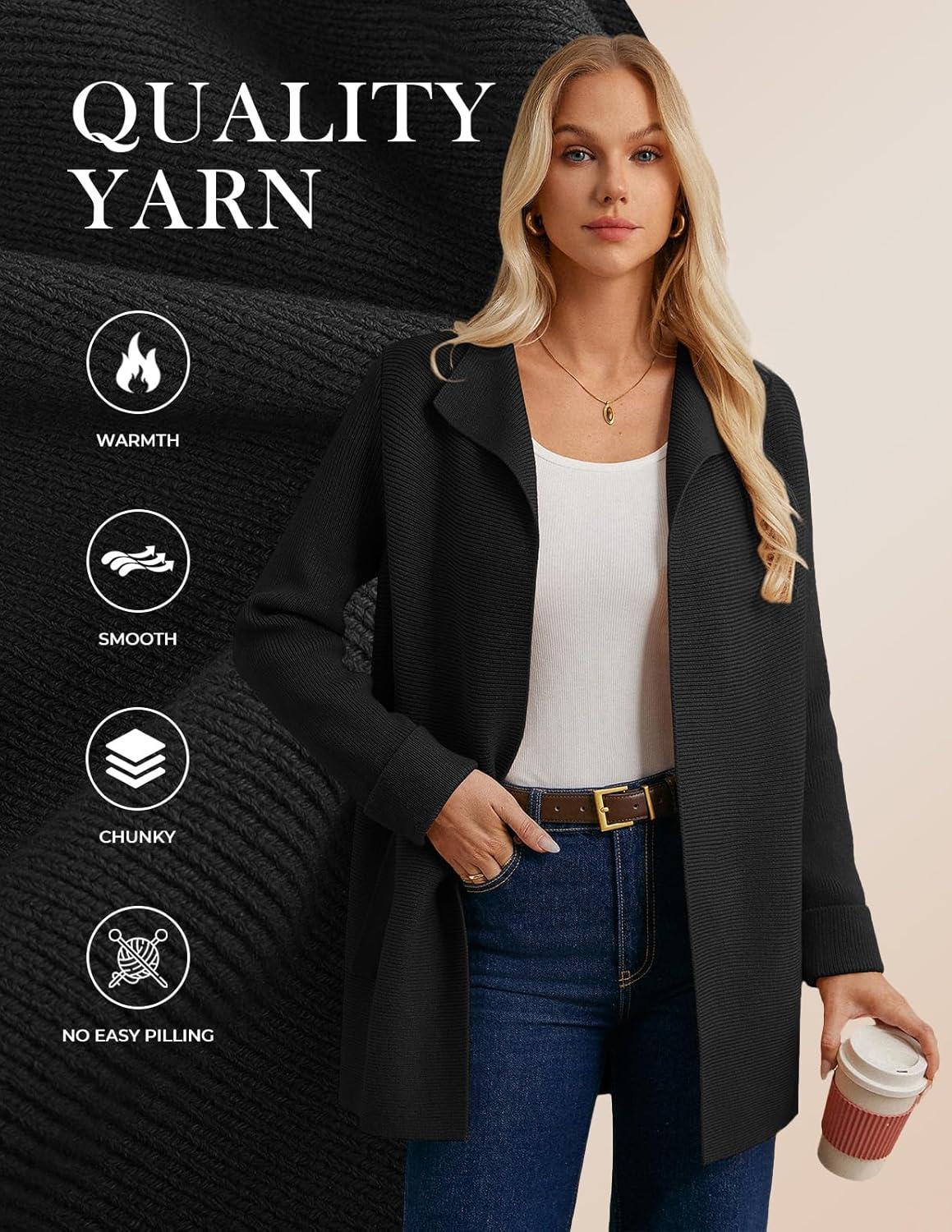imageGRACE KARIN Women Long Cardigan Sweaters Fall Chunky Sweater Jacket Ribbed Knit Lapel Coatigan with PocketsBlack