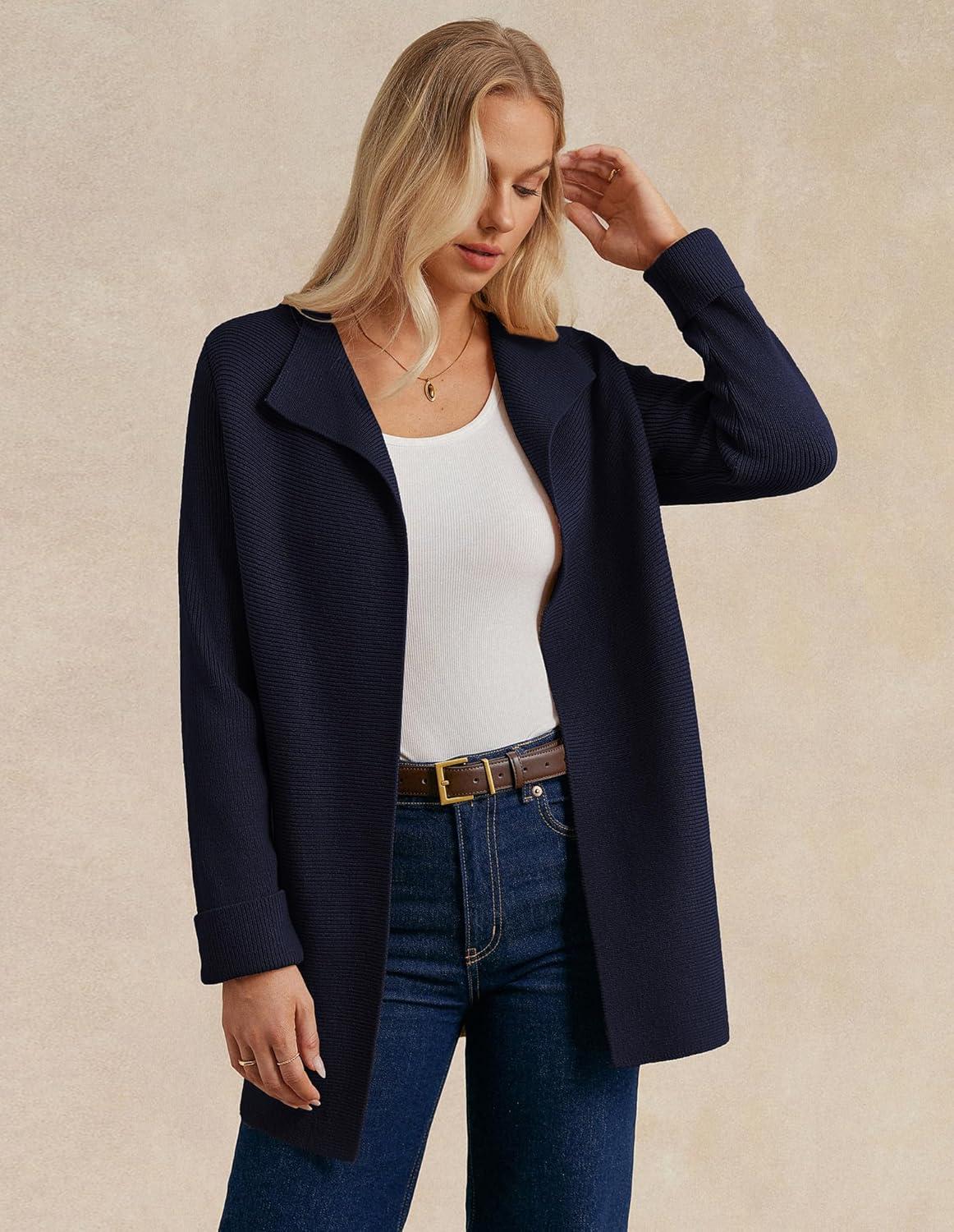 imageGRACE KARIN Women Long Cardigan Sweaters Fall Chunky Sweater Jacket Ribbed Knit Lapel Coatigan with PocketsNavy Blue