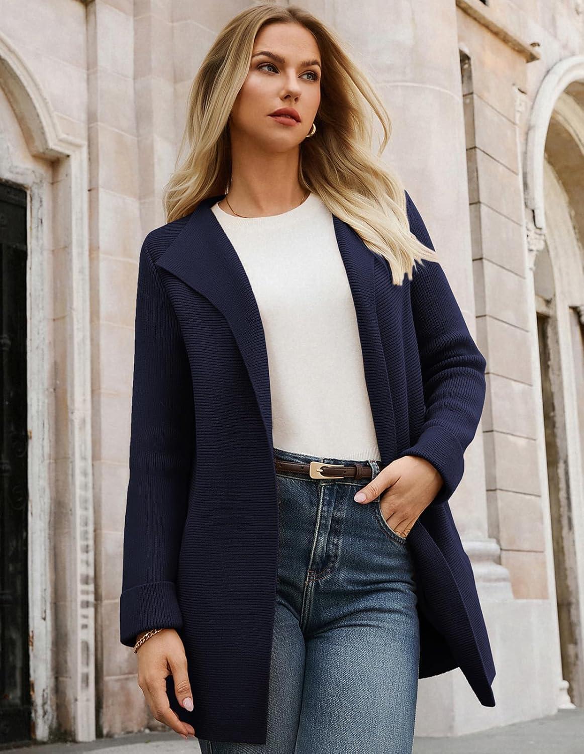 imageGRACE KARIN Women Long Cardigan Sweaters Fall Chunky Sweater Jacket Ribbed Knit Lapel Coatigan with PocketsNavy Blue