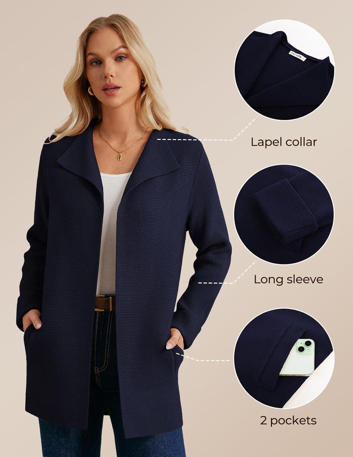 imageGRACE KARIN Women Long Cardigan Sweaters Fall Chunky Sweater Jacket Ribbed Knit Lapel Coatigan with PocketsNavy Blue