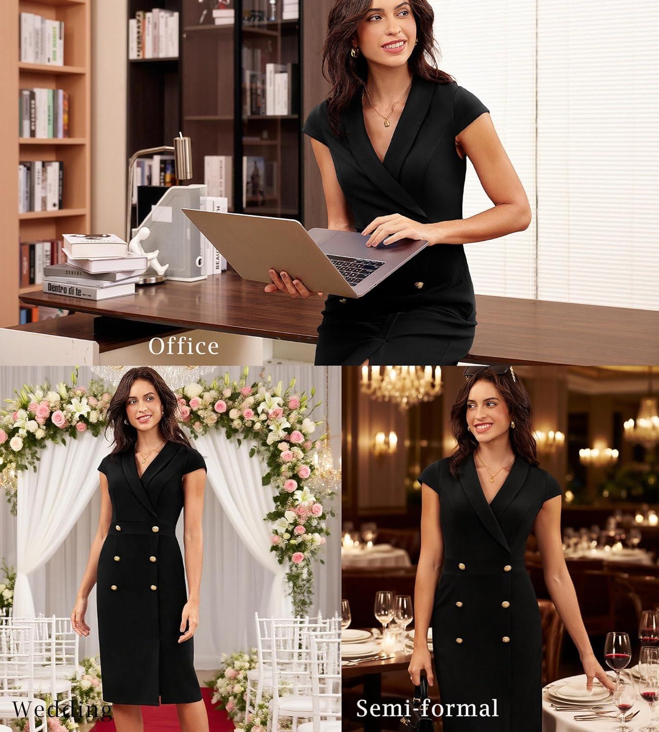 imageGRACE KARIN Women Work Bodycon Dresses 2026Business Office Midi Cap Sleeve Button Pencil Formal Outfits with PocketsBlack