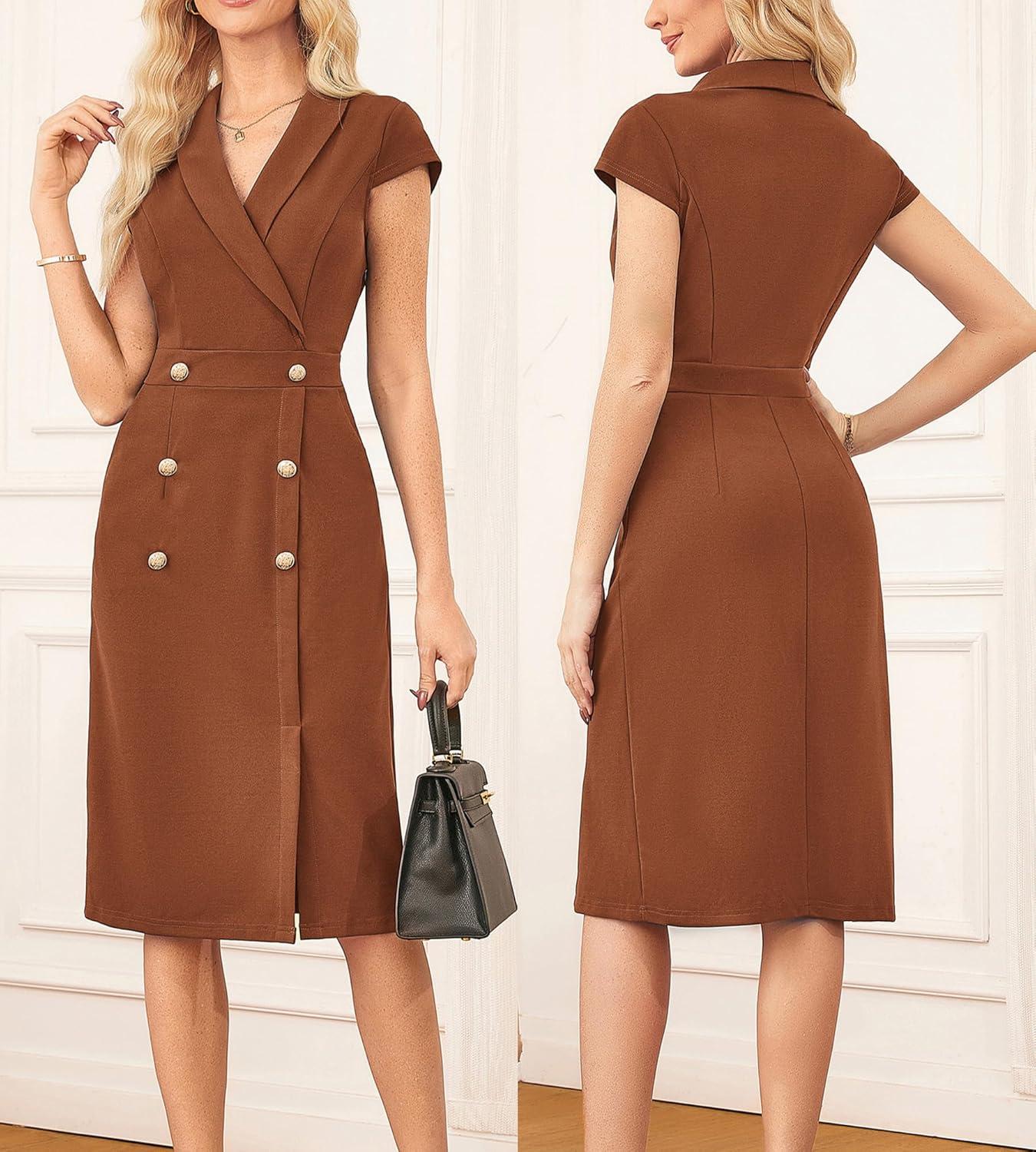 imageGRACE KARIN Women Work Bodycon Dresses 2026Business Office Midi Cap Sleeve Button Pencil Formal Outfits with PocketsBrown