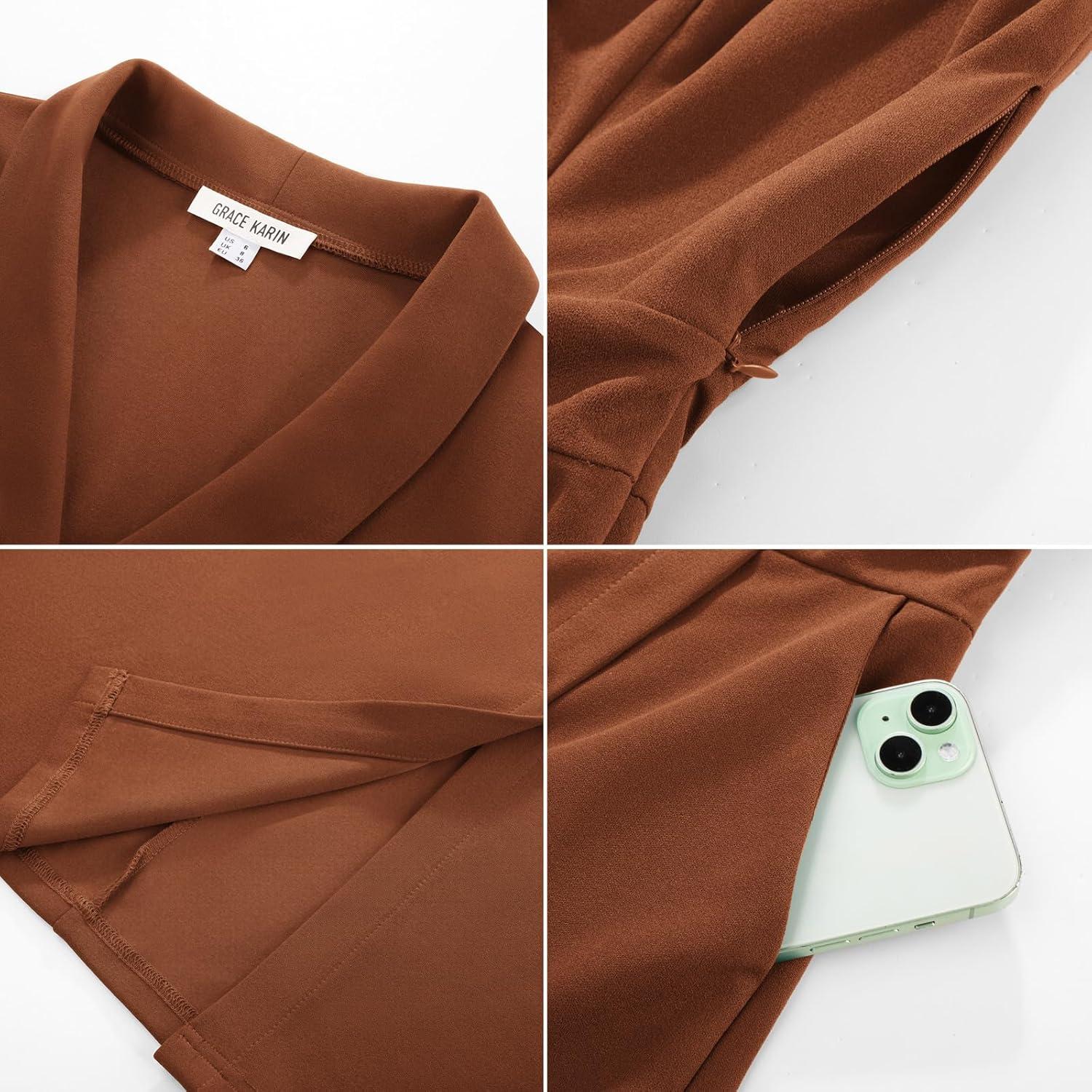 imageGRACE KARIN Women Work Bodycon Dresses 2026Business Office Midi Cap Sleeve Button Pencil Formal Outfits with PocketsBrown