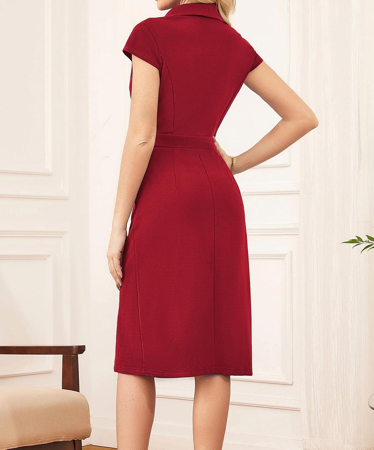 imageGRACE KARIN Women Work Bodycon Dresses 2026Business Office Midi Cap Sleeve Button Pencil Formal Outfits with PocketsRed