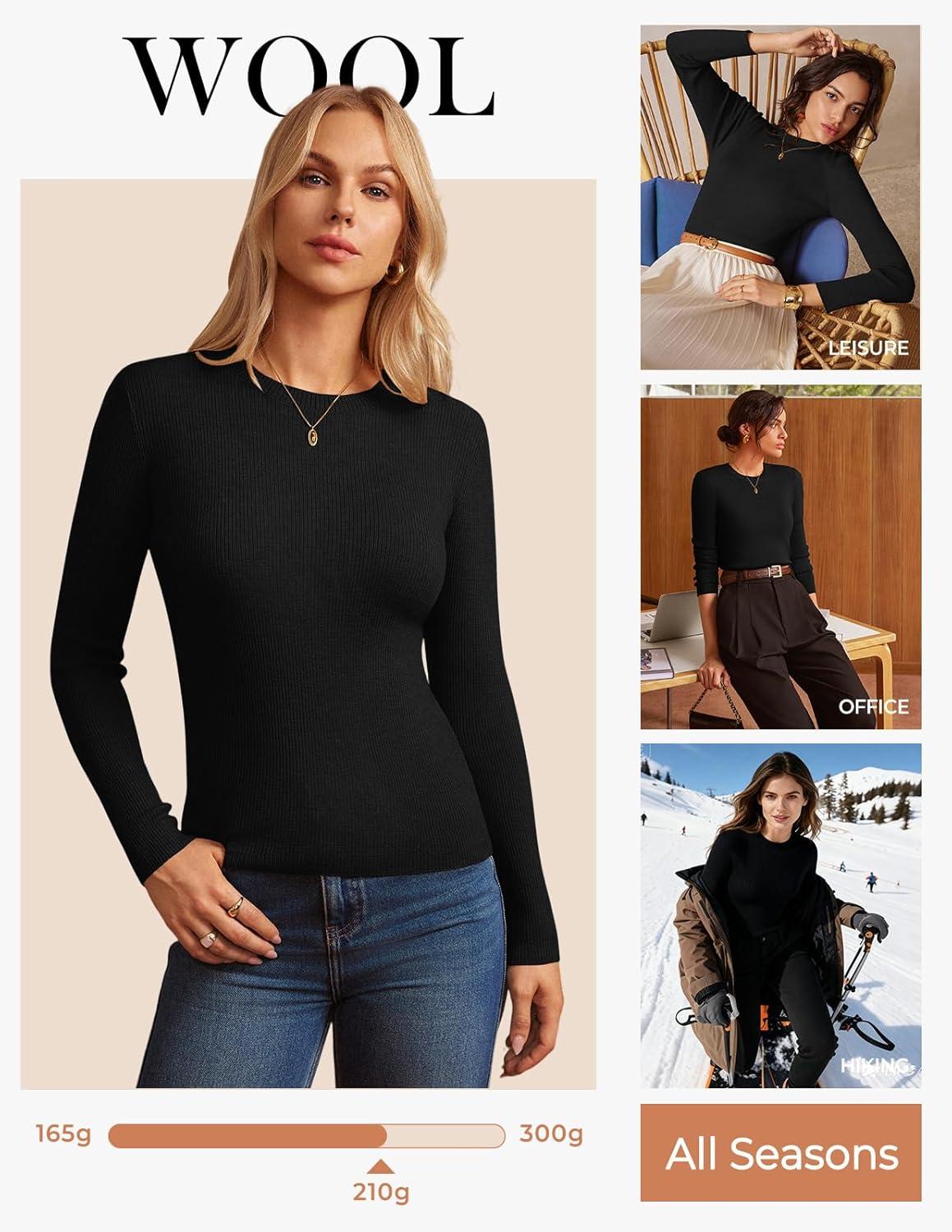 imageGRACE KARIN Womens 100 Merino Wool Base Layer Sweater Fall Knit Long Sleeve Pullover Top Casual Soft Slim Fit ShirtBlack