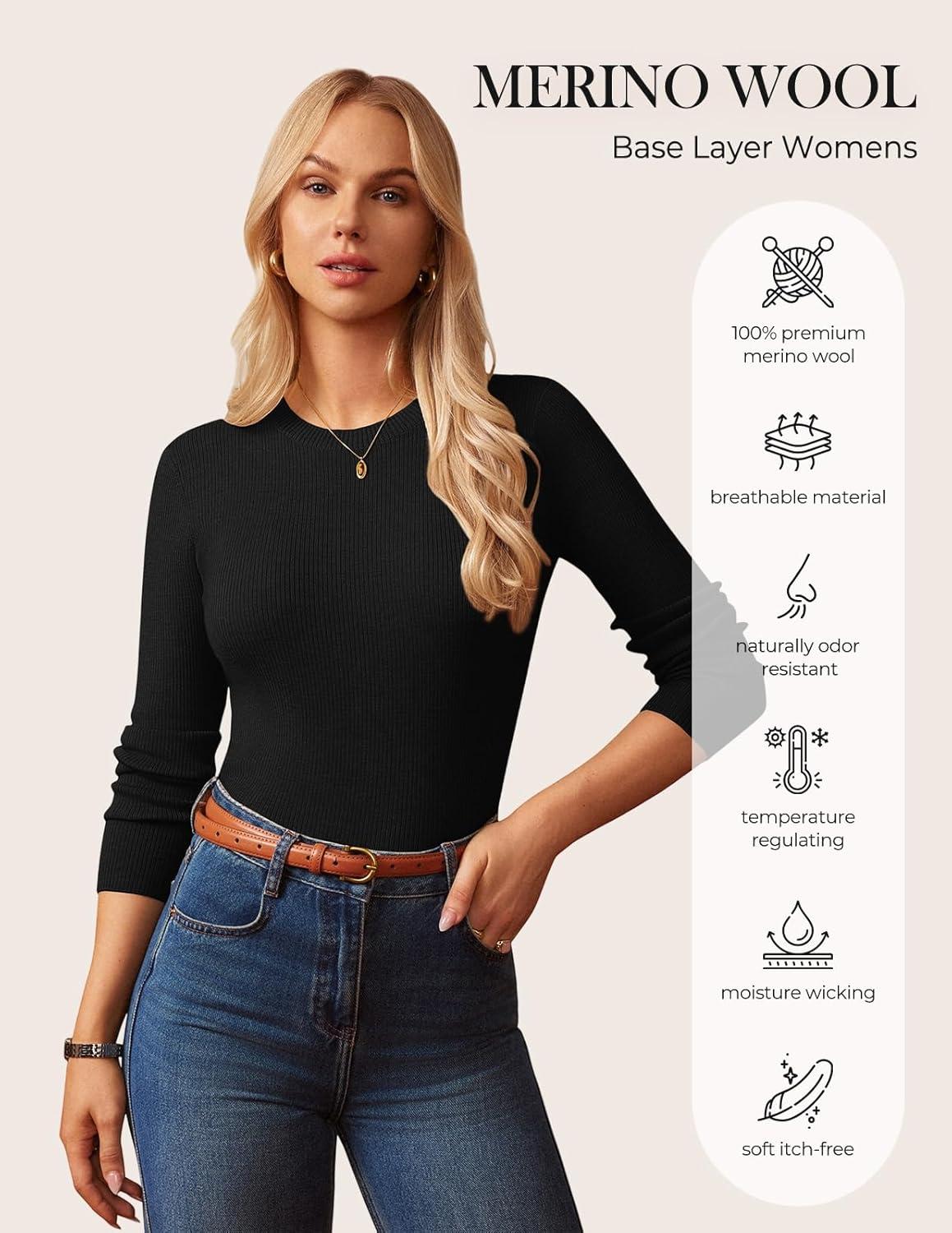 imageGRACE KARIN Womens 100 Merino Wool Base Layer Sweater Fall Knit Long Sleeve Pullover Top Casual Soft Slim Fit ShirtBlack