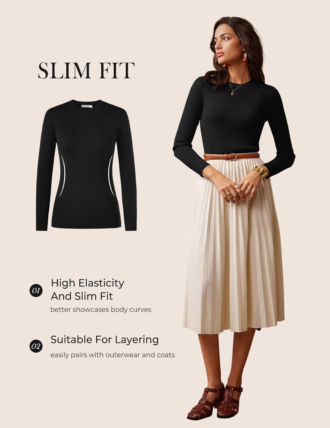 imageGRACE KARIN Womens 100 Merino Wool Base Layer Sweater Fall Knit Long Sleeve Pullover Top Casual Soft Slim Fit ShirtBlack