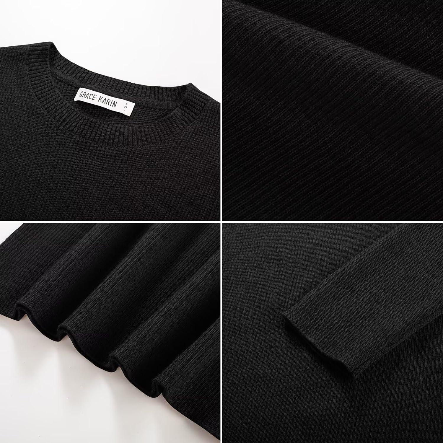 imageGRACE KARIN Womens 100 Merino Wool Base Layer Sweater Fall Knit Long Sleeve Pullover Top Casual Soft Slim Fit ShirtBlack