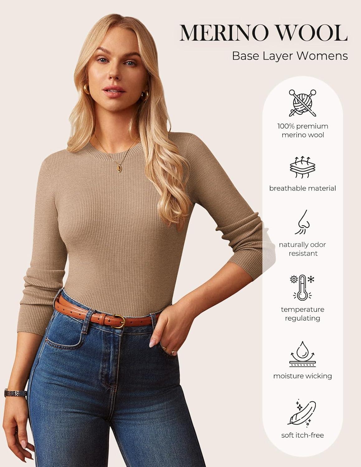 imageGRACE KARIN Womens 100 Merino Wool Base Layer Sweater Fall Knit Long Sleeve Pullover Top Casual Soft Slim Fit ShirtCamel