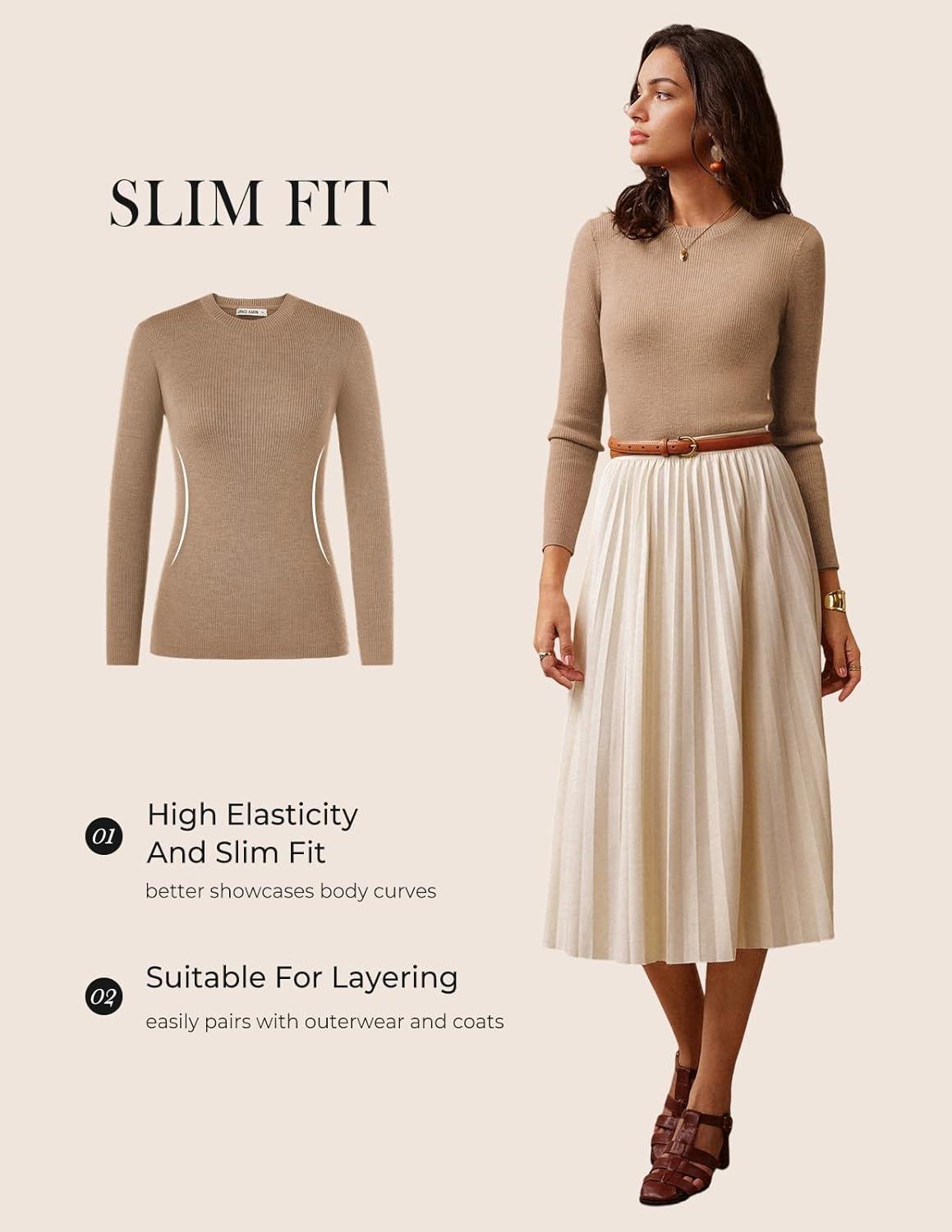 imageGRACE KARIN Womens 100 Merino Wool Base Layer Sweater Fall Knit Long Sleeve Pullover Top Casual Soft Slim Fit ShirtCamel