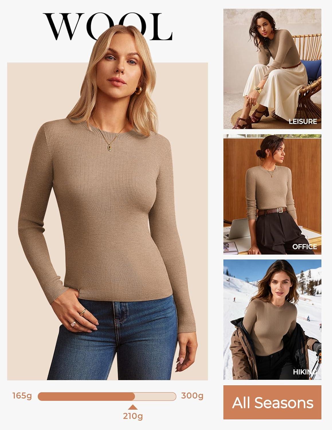 imageGRACE KARIN Womens 100 Merino Wool Base Layer Sweater Fall Knit Long Sleeve Pullover Top Casual Soft Slim Fit ShirtCamel