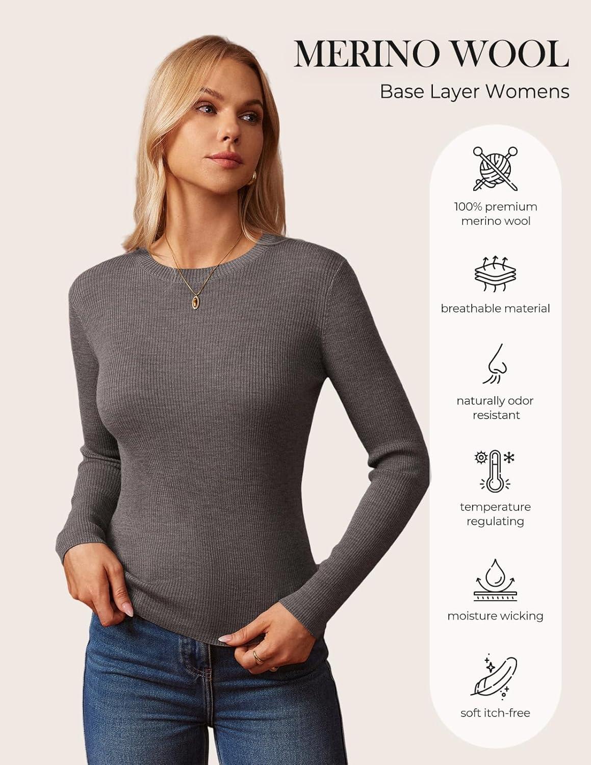 imageGRACE KARIN Womens 100 Merino Wool Base Layer Sweater Fall Knit Long Sleeve Pullover Top Casual Soft Slim Fit ShirtCoffee