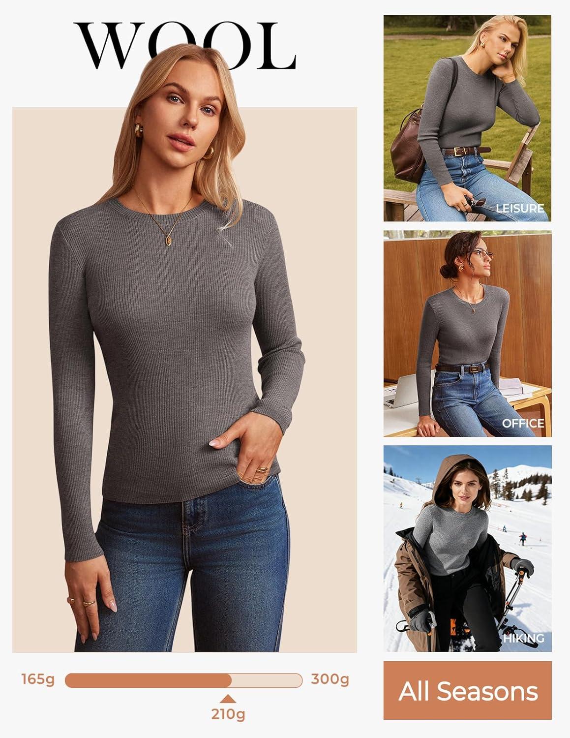 imageGRACE KARIN Womens 100 Merino Wool Base Layer Sweater Fall Knit Long Sleeve Pullover Top Casual Soft Slim Fit ShirtCoffee