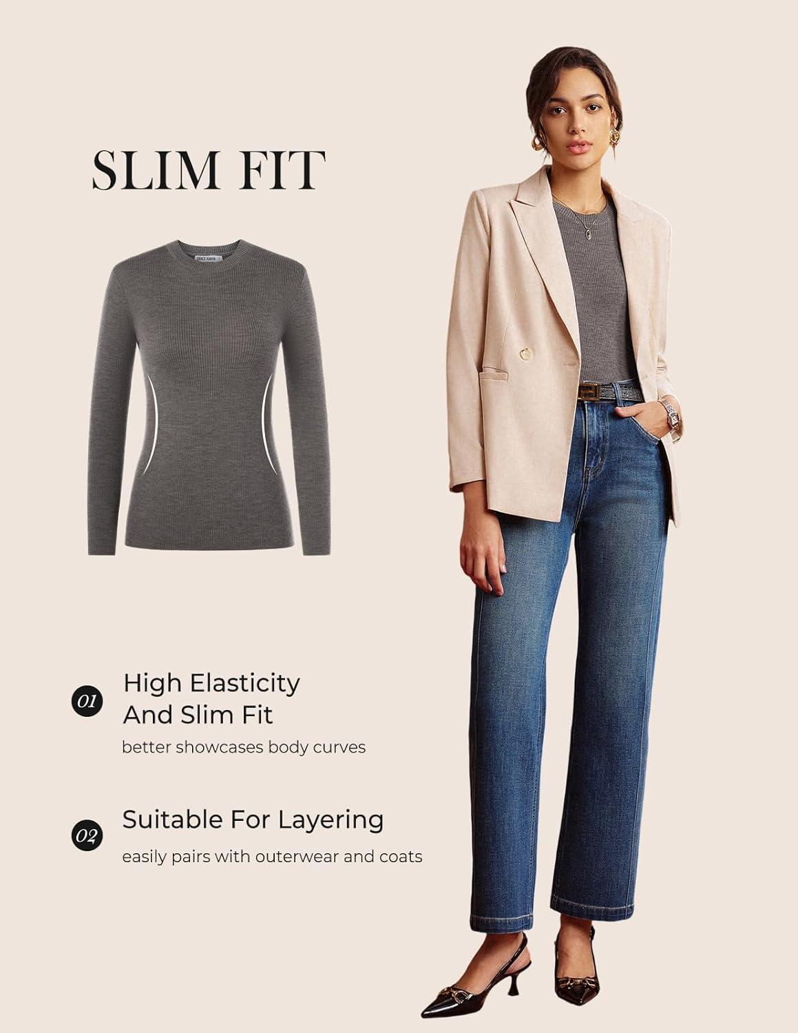 imageGRACE KARIN Womens 100 Merino Wool Base Layer Sweater Fall Knit Long Sleeve Pullover Top Casual Soft Slim Fit ShirtCoffee