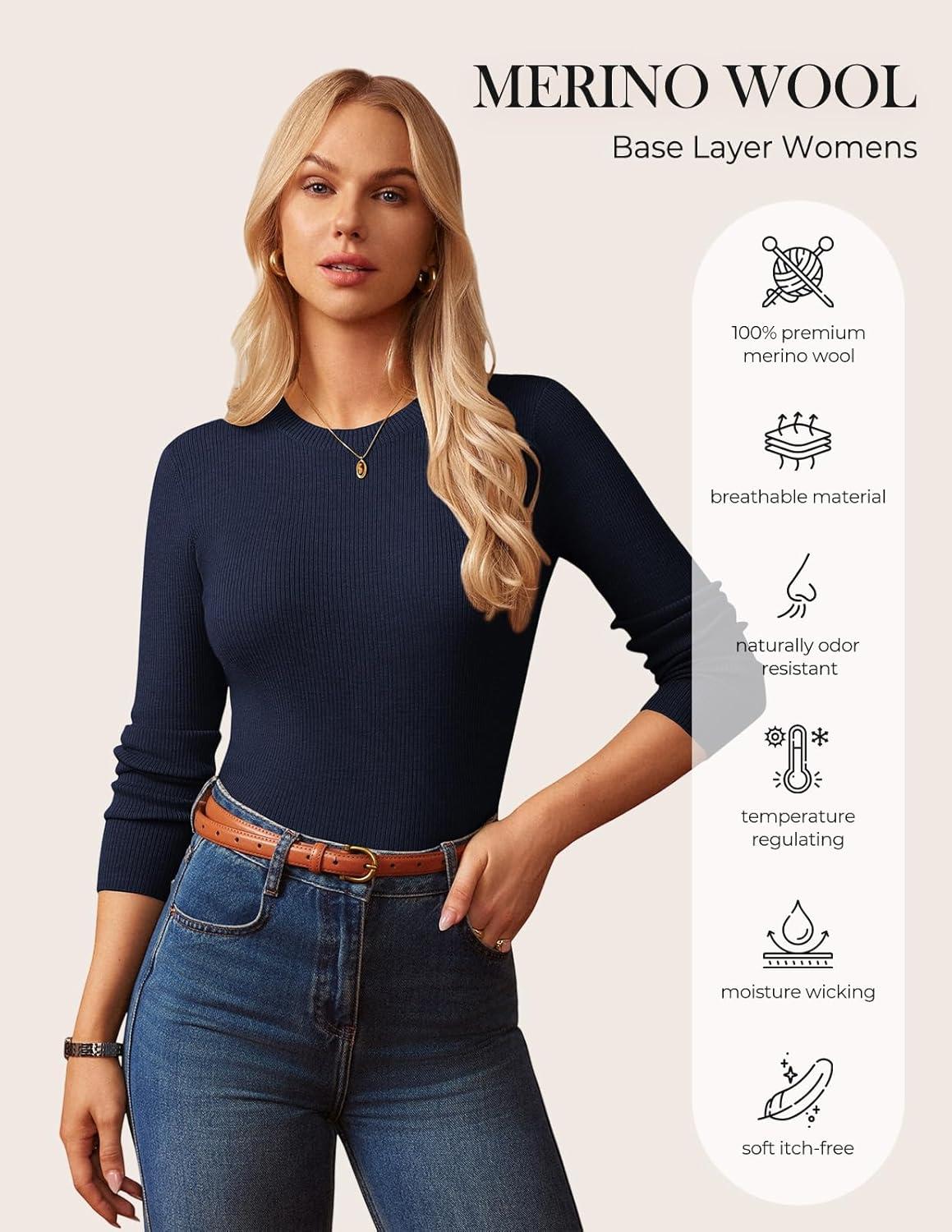 imageGRACE KARIN Womens 100 Merino Wool Base Layer Sweater Fall Knit Long Sleeve Pullover Top Casual Soft Slim Fit ShirtNavy Blue