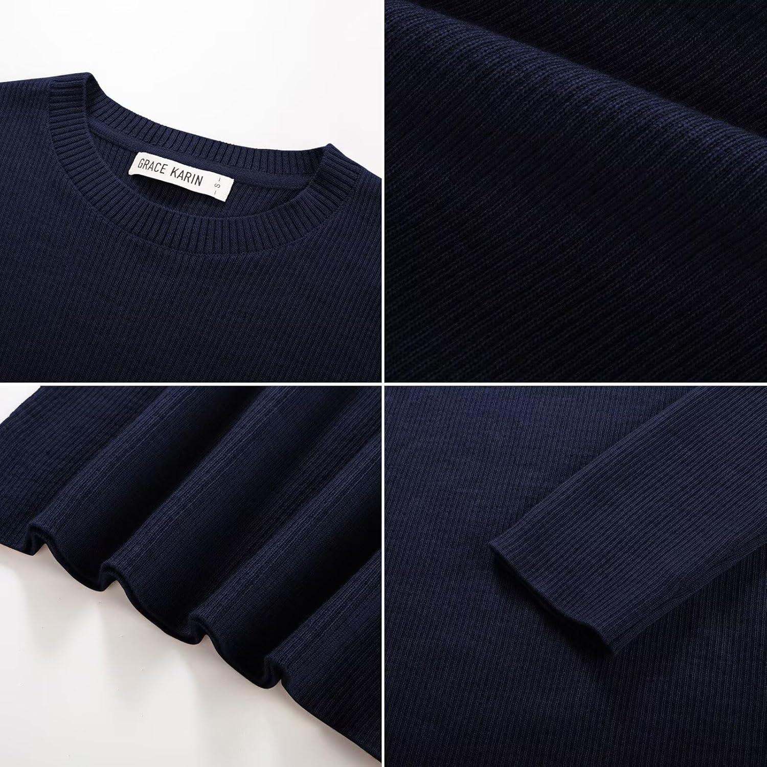 imageGRACE KARIN Womens 100 Merino Wool Base Layer Sweater Fall Knit Long Sleeve Pullover Top Casual Soft Slim Fit ShirtNavy Blue