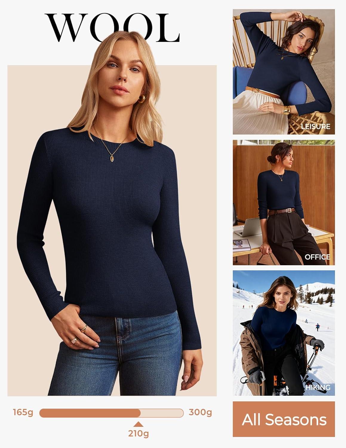 imageGRACE KARIN Womens 100 Merino Wool Base Layer Sweater Fall Knit Long Sleeve Pullover Top Casual Soft Slim Fit ShirtNavy Blue