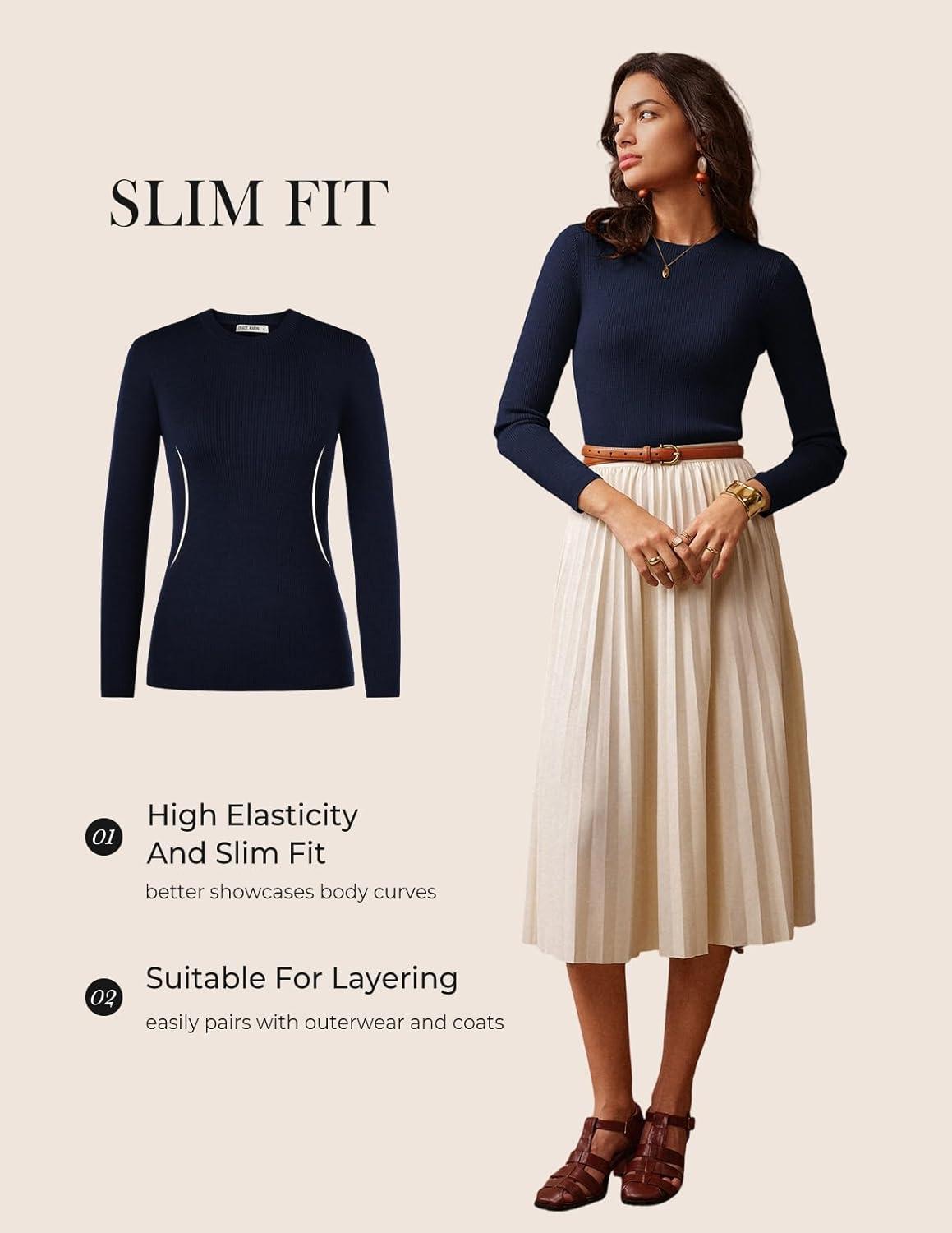 imageGRACE KARIN Womens 100 Merino Wool Base Layer Sweater Fall Knit Long Sleeve Pullover Top Casual Soft Slim Fit ShirtNavy Blue