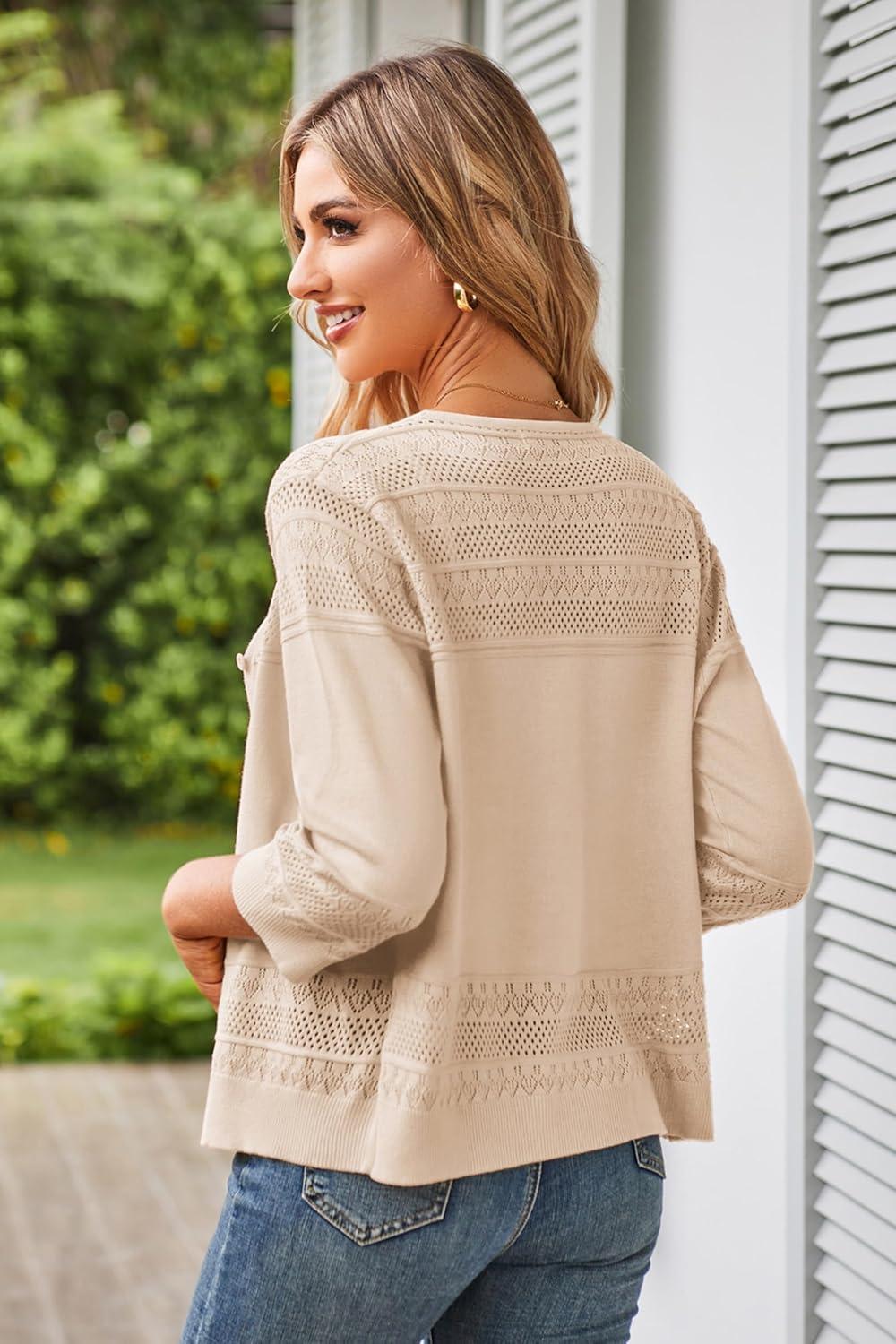 imageGRACE KARIN Womens 2025 Cropped Cardigan 34 Sleeve Lightweight Crochet Shrug HollowedOut Knit Sweater TopsBeige