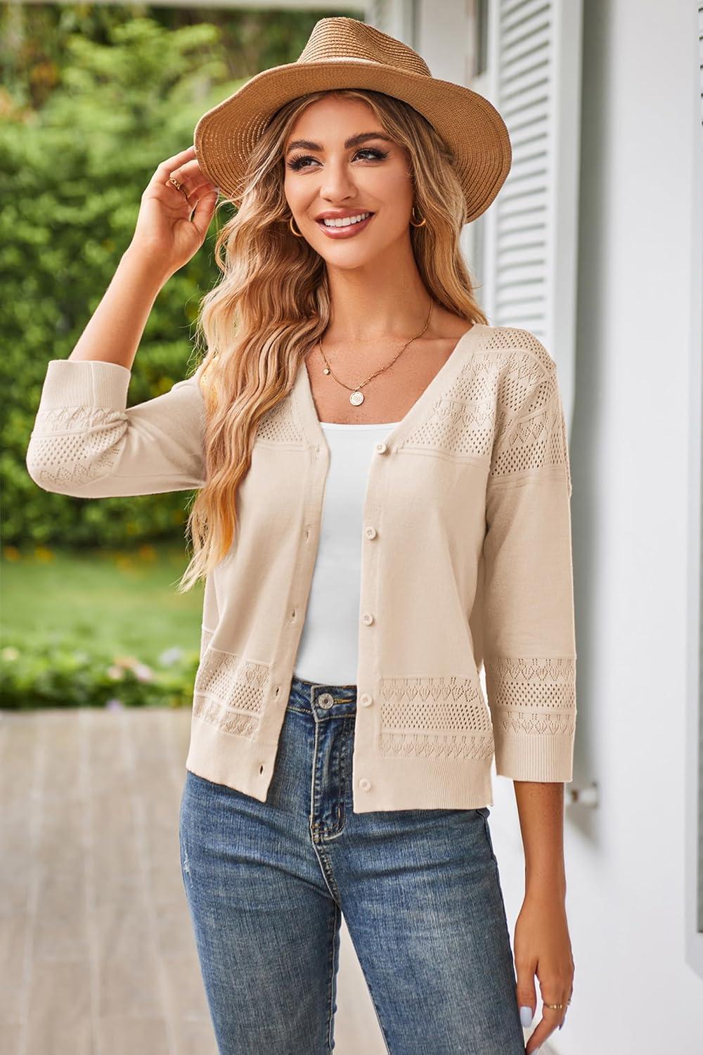 imageGRACE KARIN Womens 2025 Cropped Cardigan 34 Sleeve Lightweight Crochet Shrug HollowedOut Knit Sweater TopsBeige