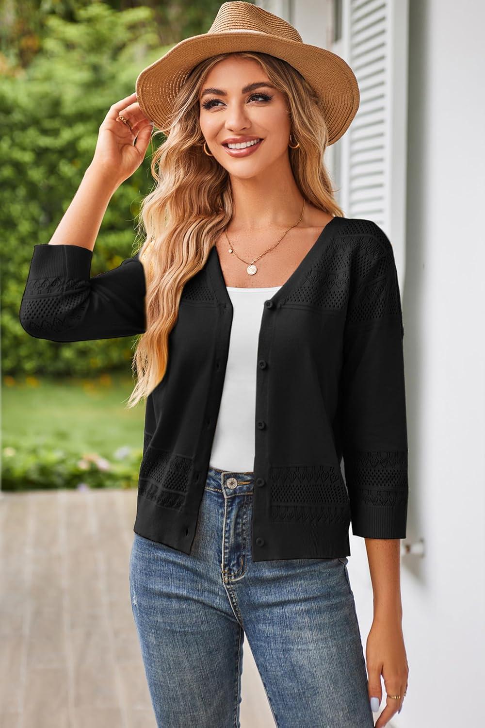 imageGRACE KARIN Womens 2025 Cropped Cardigan 34 Sleeve Lightweight Crochet Shrug HollowedOut Knit Sweater TopsBlack