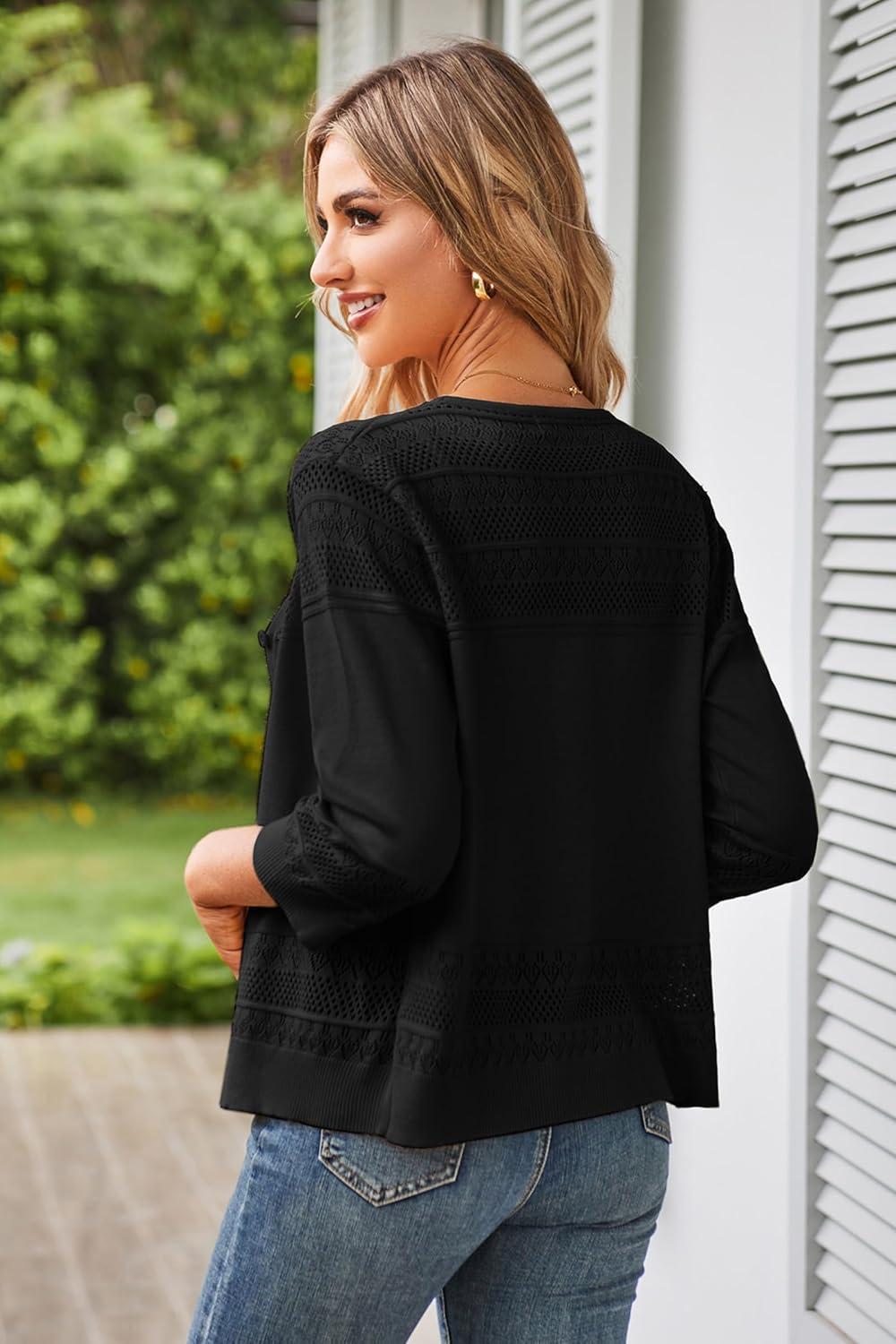 imageGRACE KARIN Womens 2025 Cropped Cardigan 34 Sleeve Lightweight Crochet Shrug HollowedOut Knit Sweater TopsBlack