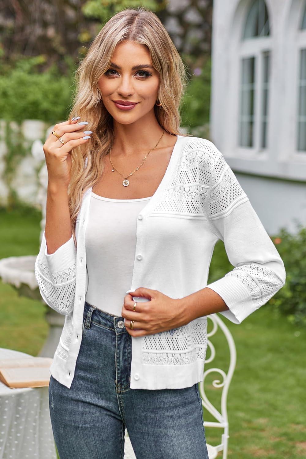 imageGRACE KARIN Womens 2025 Cropped Cardigan 34 Sleeve Lightweight Crochet Shrug HollowedOut Knit Sweater TopsBright White