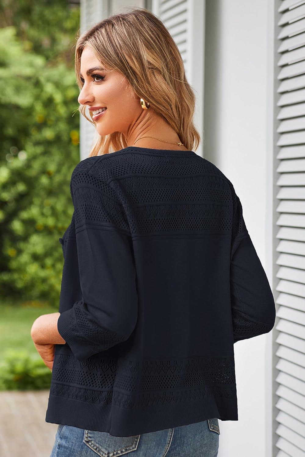 imageGRACE KARIN Womens 2025 Cropped Cardigan 34 Sleeve Lightweight Crochet Shrug HollowedOut Knit Sweater TopsDark Blue
