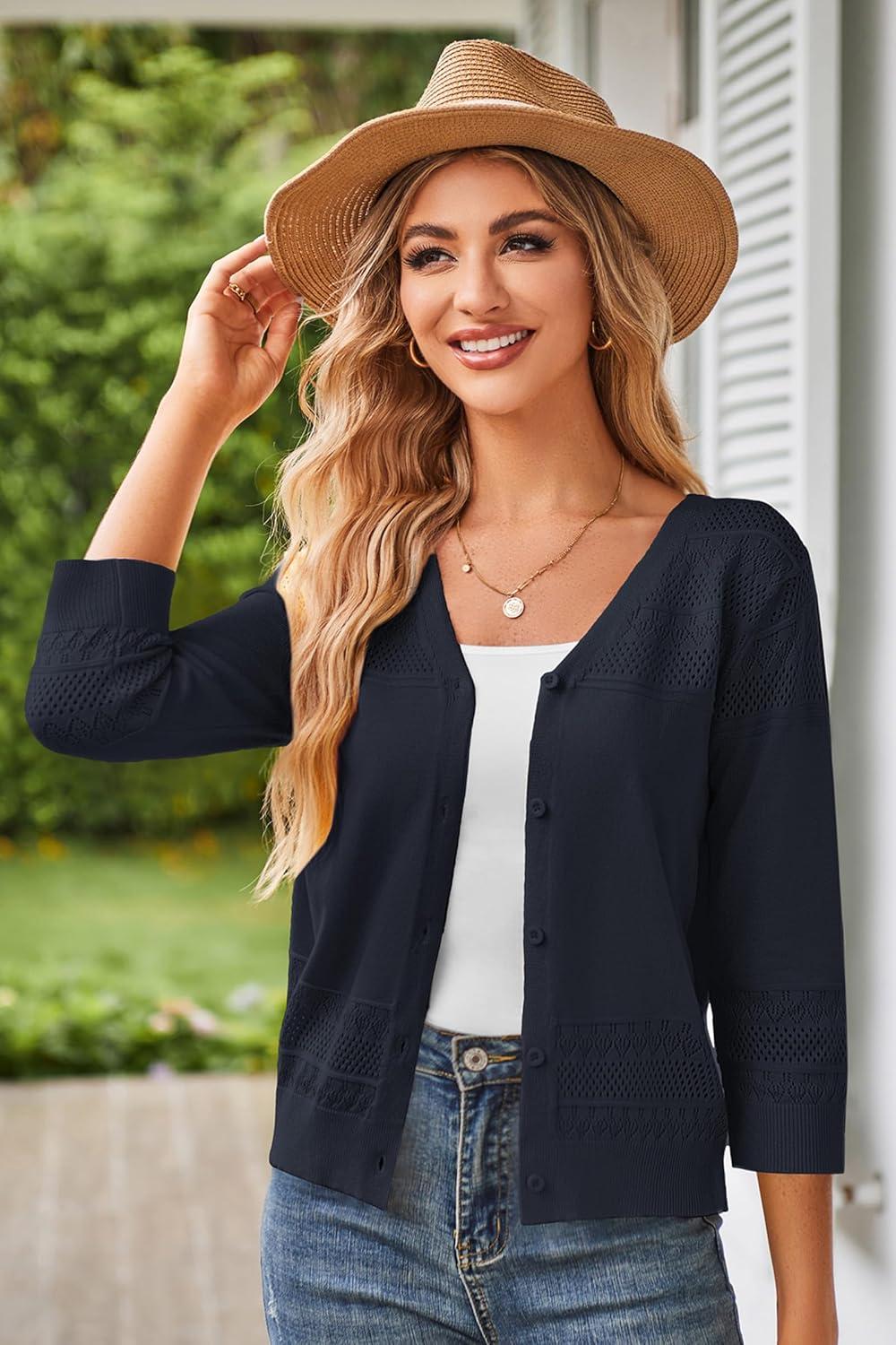 imageGRACE KARIN Womens 2025 Cropped Cardigan 34 Sleeve Lightweight Crochet Shrug HollowedOut Knit Sweater TopsDark Blue