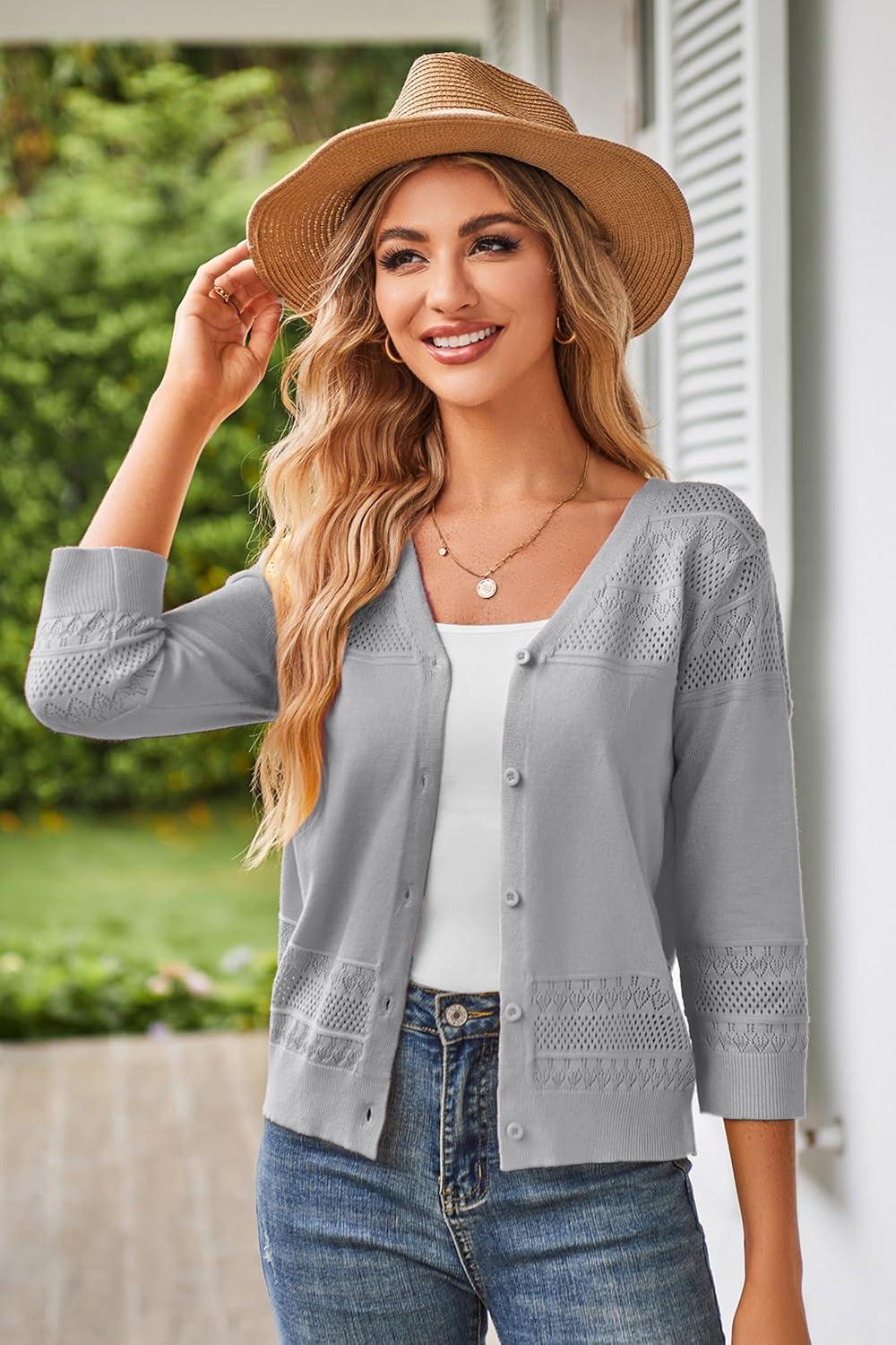 imageGRACE KARIN Womens 2025 Cropped Cardigan 34 Sleeve Lightweight Crochet Shrug HollowedOut Knit Sweater TopsGray